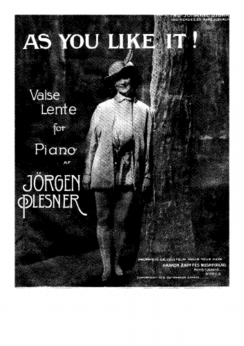 Plesner - As you like it, Valse lente for piano - Score