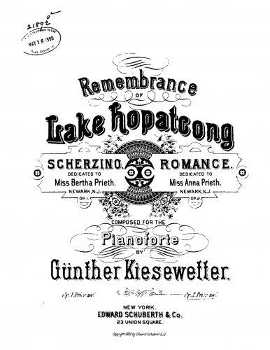 Kiesewetter - Remembrance of Lake Hopatcong - Piano Score - Romance