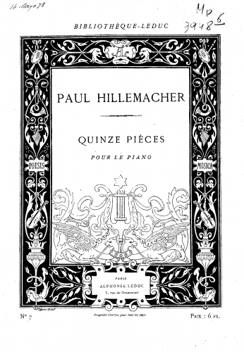 Hillemacher - 15 Pièces pour le piano - Score