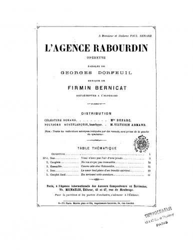 Bernicat - L'agence Rabourdin - Vocal Score - Score