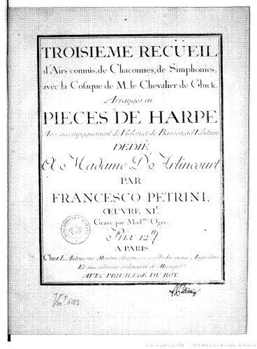 Petrini - Troisième recueil d?airs connus arrangés en pièces de harpe - Score