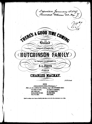 Hutchinson Family Singers - There's a Good Time Coming - For Voice and Piano (White) - Score