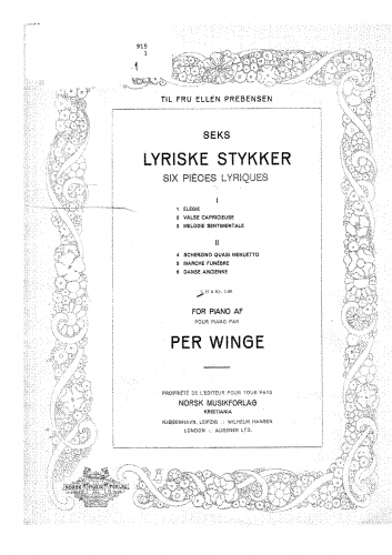 Winge - 6 Lyriske Stykker - Score