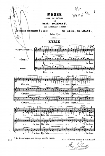 Du Mont - Cinq messes en plain-chant - Messe dite du VIe ton For Soprano, Tenor and Mixed Chorus (Guilmant) - Score