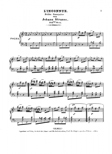 Strauss Jr. - L'Inconnue Polka française - For Piano solo - Score