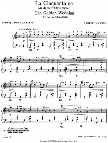 Marie - Deux Pieces pour Cello et Piano - La cinquantaine (No. 2) For Piano solo (Lampe) - Piano score