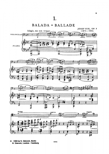 Suk - Ballade and Serenade Op. 3 for Cello and Piano - Piano Score and Cello Part