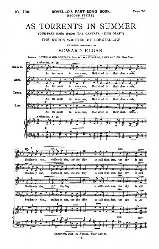Elgar - Scenes from the Saga of King Olaf, Op. 30 - Vocal Score - As Torrents in Summer (Four-Part Song)