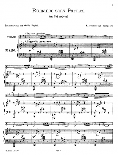Mendelssohn - Lieder ohne Worte - Frühlingslied (No. 6) For Violin and Piano (Papini)