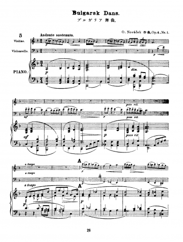 Nová?ek - Bulgarische Tänze - Andante sontenuto (No. 1) For Violin, Cello and Piano - Piano score