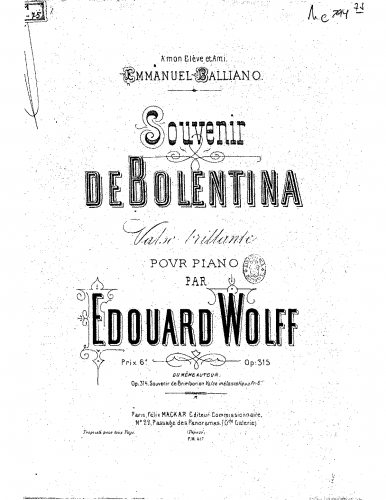 Wolff - Souvenir de Bolentina - Piano Score - Score