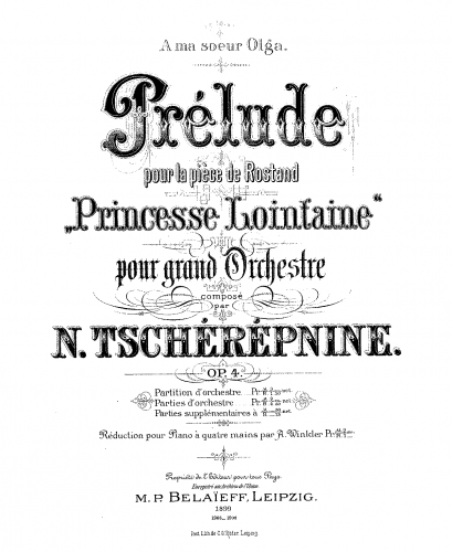 Tcherepnin - Prelude to 'La Princesse lointaine' - For Piano 4 hands (Winkler) - Score