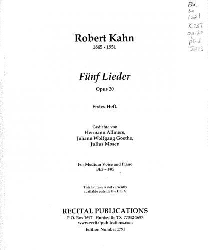 Kahn - 6 Lieder und Gesänge - Score