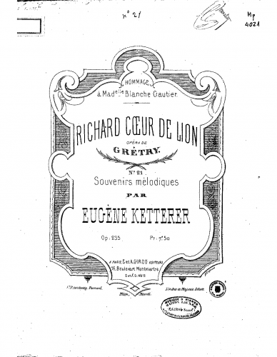 Ketterer - Souvenirs mélodiques sur 'Richard C?ur-de-Lion' - Score